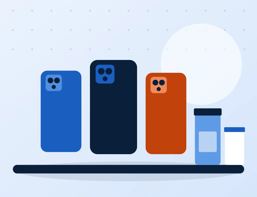 Phone cases and kitchen jars on a shelf